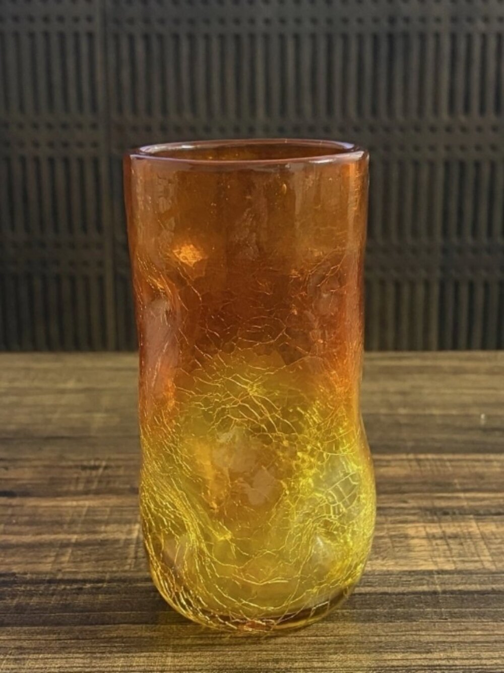 Vintage Blenko Amberina Crackle Glass Dimpled Tumbler 6.25” MCM Art Glass